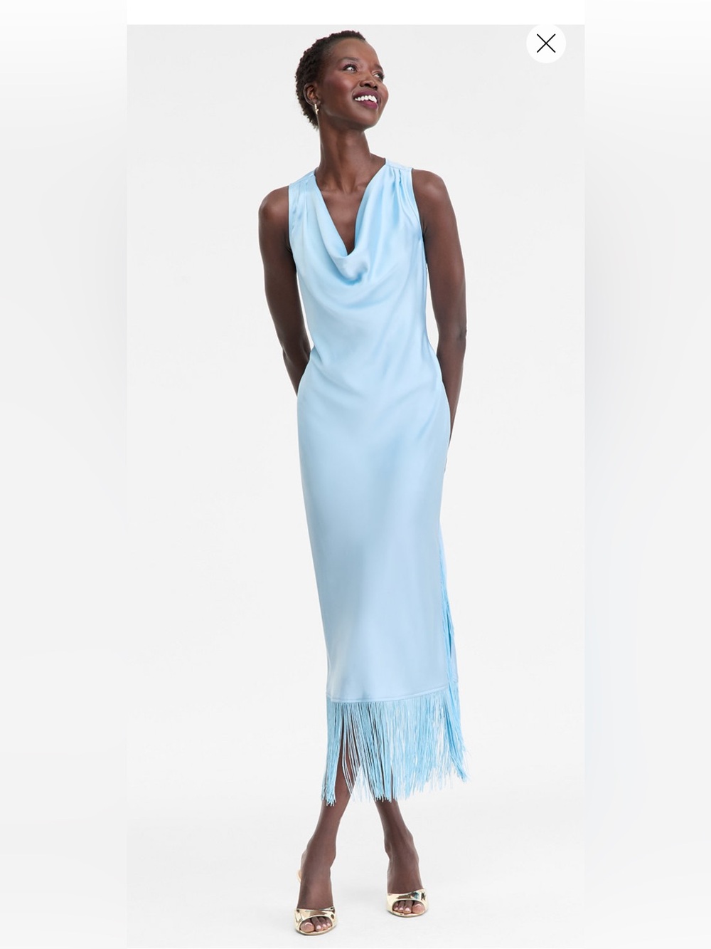 INC International Concepts Light Blue Satin Cowl-Neck Fringe Hem Maxi Dress